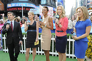 Coverage of GOOD MORNING AMERICA, 5/12/14, airing on the ABC Television Network. (ABC/Lorenzo Bevilaqua) GEORGE STEPHANOPOULOS, AMY ROBACH, ROBIN ROBERTS, LARA SPENCER, GINGER ZEE talent: GEORGE STEPHANOPOULOS, AMY ROBACH, ROBIN ROBERTS, LARA SPENCER, GINGER ZEE photographer: Lorenzo Bevilaqua credit: ABC keywords: GM14 source: American Broadcasting Companies, Inc. cap writer: IDA