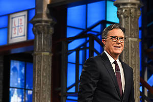 The Late Show with Stephen Colbert during Monday’s October 2, 2023 show. Photo: Scott Kowalchyk/CBS ©2023 CBS Broadcasting Inc. All Rights Reserved.