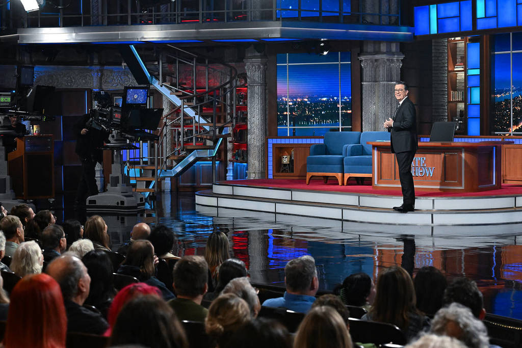 The Late Show with Stephen Colbert during Monday’s October 9, 2023 show. Photo: Scott Kowalchyk/CBS ©2023 CBS Broadcasting Inc. All Rights Reserved.