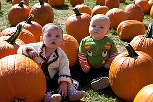 Two babies sitting in pumpkin patch at F&W Schmitt's Family Farm