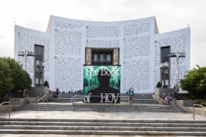 Exterior of Brooklyn Public Library with Jay Z lyrics on building