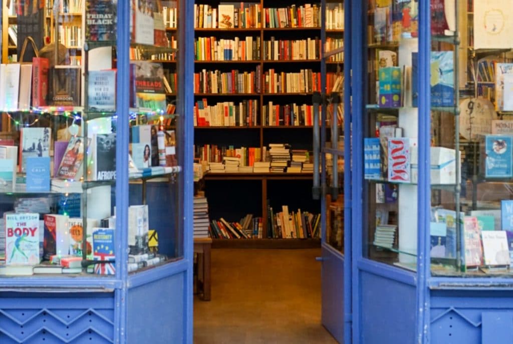 Looking through the open door of a book store