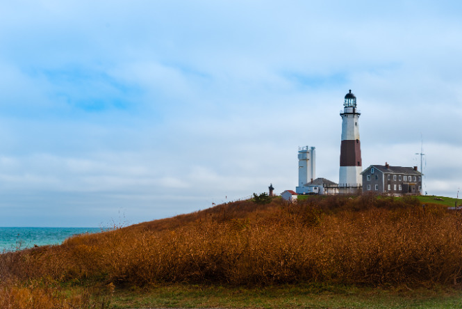 Autumn view of the historic lighthouse of the Montauk Point State Park in New York state