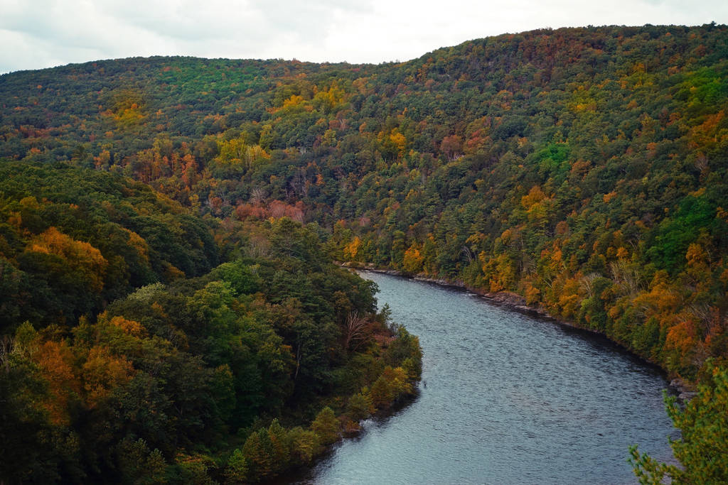 View of upper Delaware Scenic Byway with autumn colors. One of the Top Roads for Fall Foliage viewing