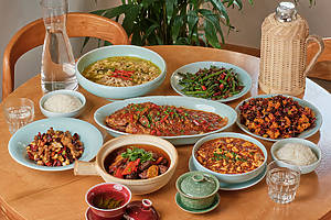 Various Sichuan food dishes on plates