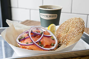 Lox and onion everything bagel from Zucker's Bagels in New York City.