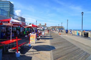 ASBURY PARK, NJ -25 JUL 2020- View of the busy beach boardwalk during the COVID-19 pandemic in Asbury Park on the New Jersey Shore, United States.