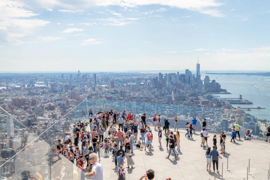 NEW YORK, NY - 4 SEPTEMBER 2021: People enjoy the outdoor observation deck at 30 Hudson Yards.