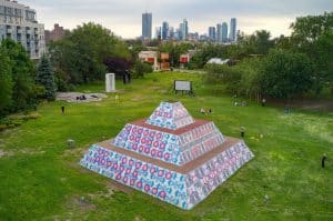 Outdoor installation at Socrates Sculpture Park with NYC skyline in background in Astoria, Queens