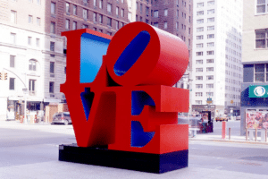 Installation of Indiana’s 12 foot LOVE sculpture in NYC