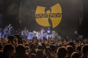 Rap concert of Wu-Tang Clan band. Famous American rappers Method Man, Raekwon, Inspectah Deck, U-God, Masta Killa performing live on stage. EUROPE - 13 OCTOBER,2015